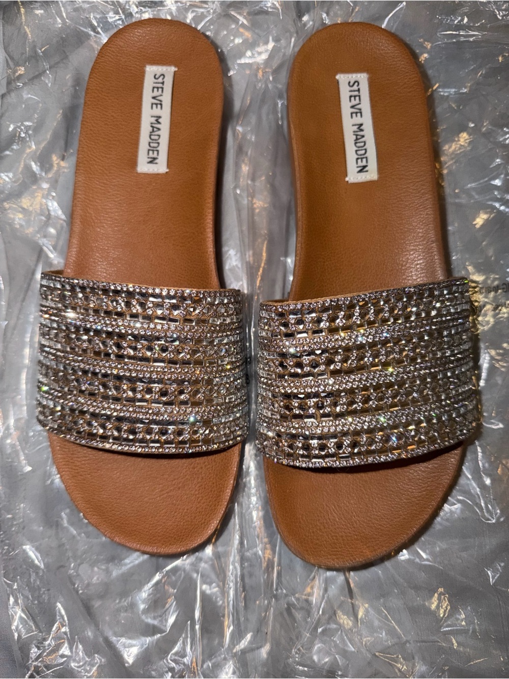 Steve Madden 8.5 DAZZLE Rhinestone Silver Crystal-Embellished Slide Sandals